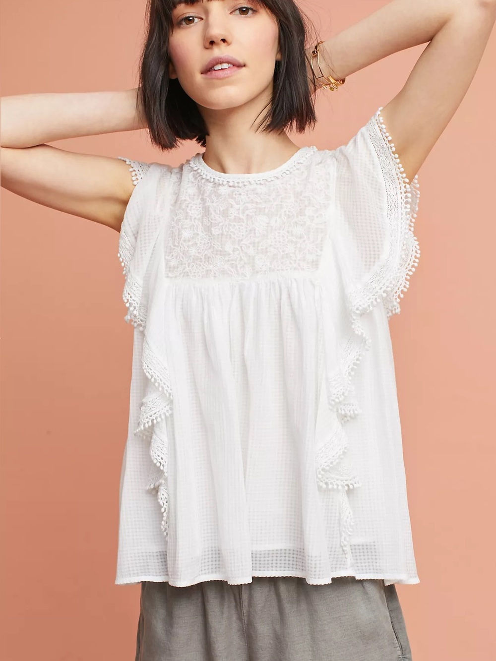Anthropologie Maeve Callie Ruffled Blouse size XS - White Cotton Embroidered